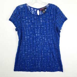 Peck & Peck Sheer Short Sleeve Button Closure Scoop Neck Top Blue M
